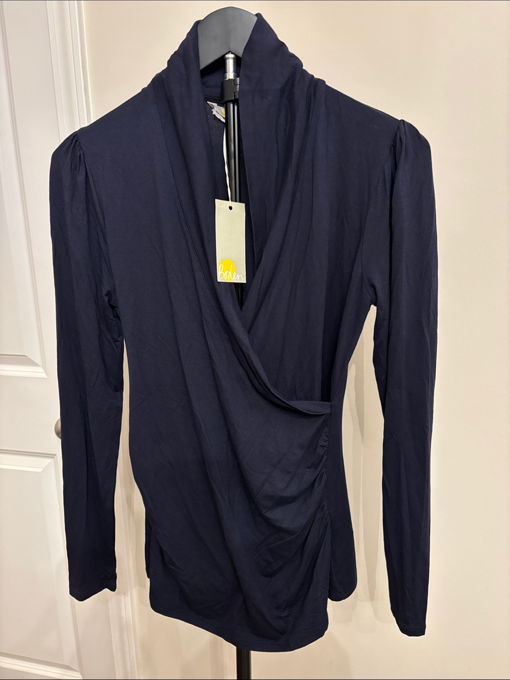 Boden Navy Draped Long-Sleeve Wrap Blouse
